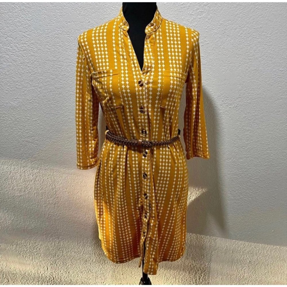 205 Collins Goldenrod/White Diamond Print Button Front Belted Shirt Dress
